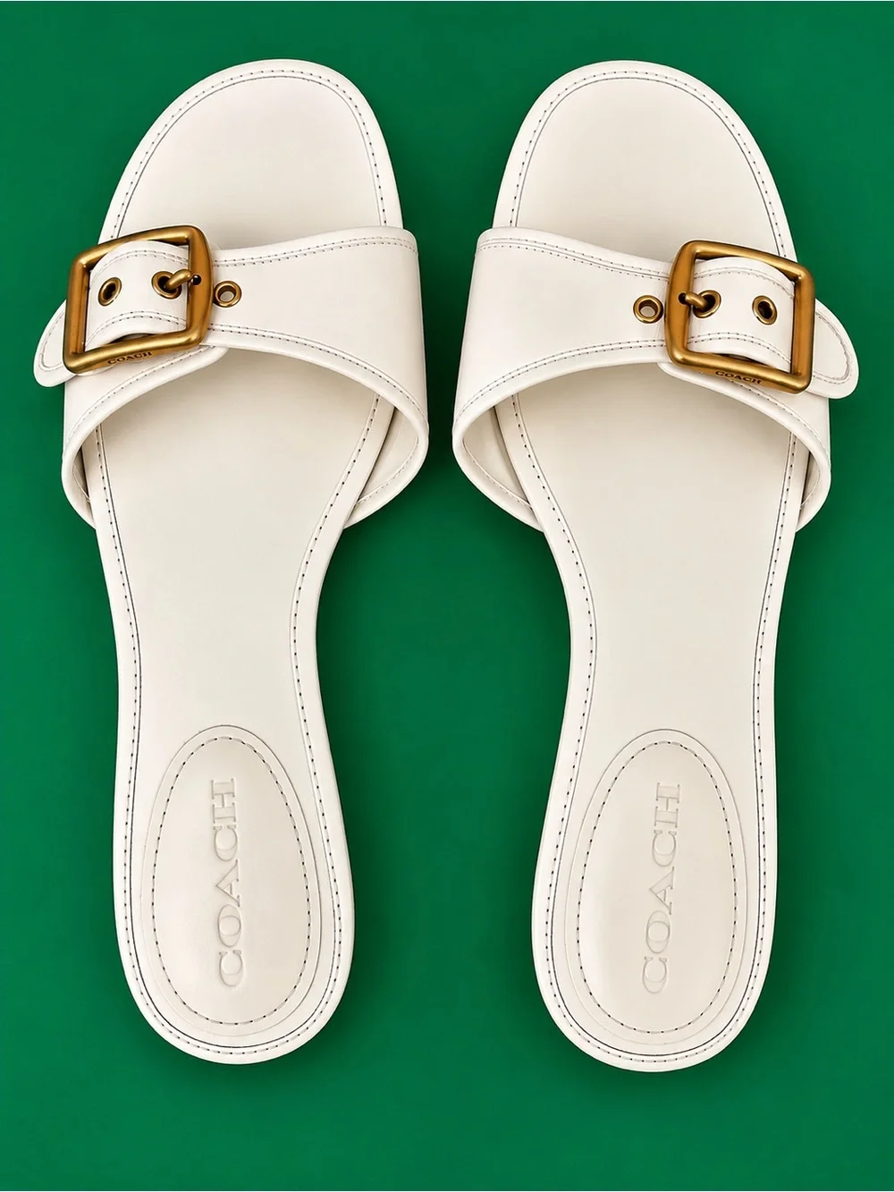 COACH Margot Slip On Flat Sandals Chalk White/Gold Buckle